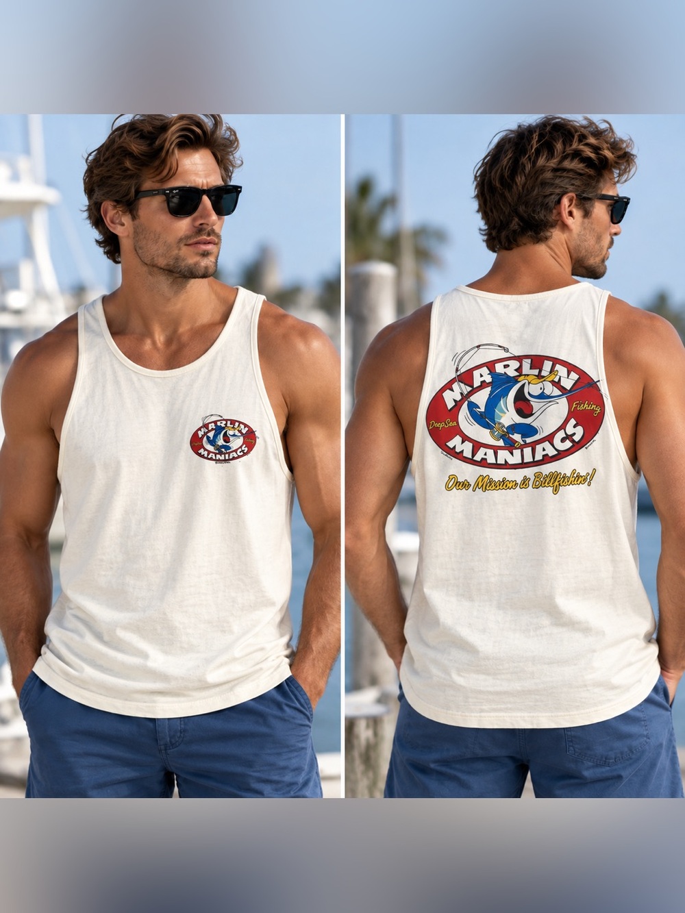 Rare Vintage 80s 90s CRAZY SHIRTS Hawaii T Shirt Tank Top Marlin Maniacs Fishing